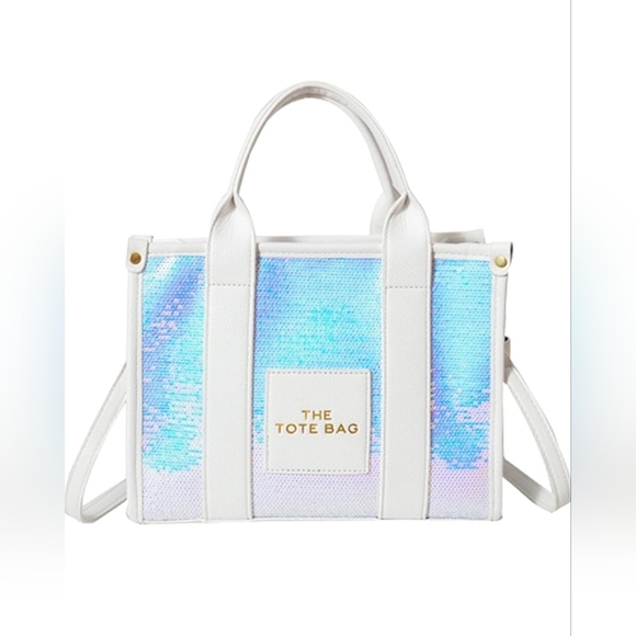 NEW BEAUTIFUL WHITE IRIDESCENT SEQUIN TOTE BAG - Picture 3 of 11